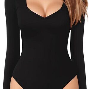 Mangopop Women’s Bodysuit Longsleeve V-Neck Casual Sleeve Goth Black Sz L